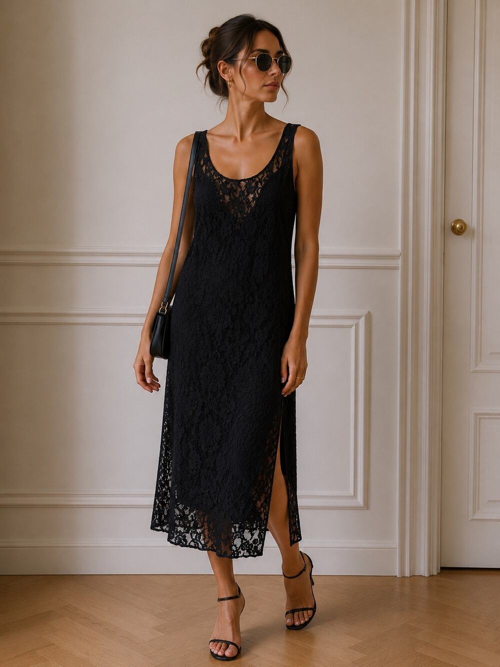 Chandio Black Lace Sleeveless Midi Dress Women’s Plus Size Elegant Floral